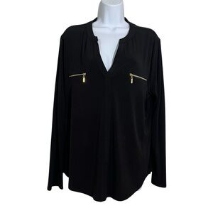 Elegant Black Women's Top with Gold Zipper Accents Plus Size XL Classic Office